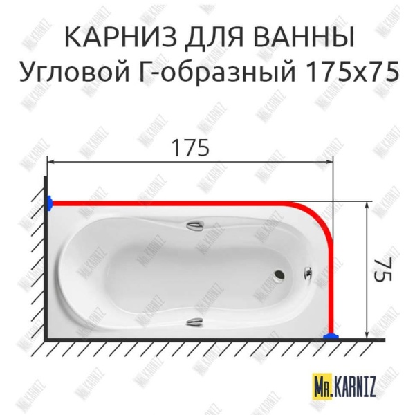 Карниз для ванной Угловой Г образный 175х75 Усиленный 25 мм