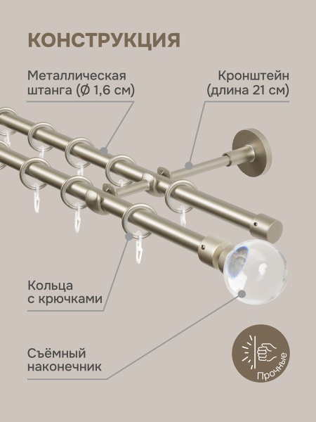 Карниз для штор двухрядный, настенный, штанги 16 мм, Шар классический, матовый никель