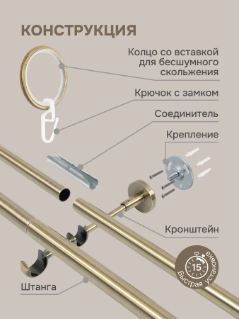 Карниз для штор двухрядный 350 см, настенный, штанги 25 мм и 16 мм, Шар на ножке, золото антик