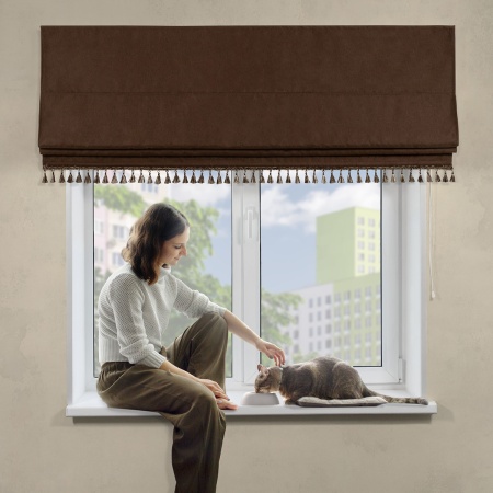 Римская штора с бахромой, Димаут, Бостон на верёвочном механизме, цвет коричневый