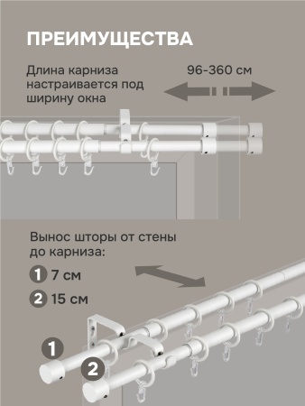 Карниз для штор двухрядный, от 96 до 360 см сборный, телескопический, диаметр 16/19 мм, белый