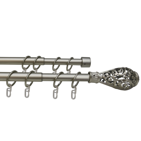 Карниз телескопический двухрядный, металл, Наконечник Кружево, Никель матовый, 160-320см