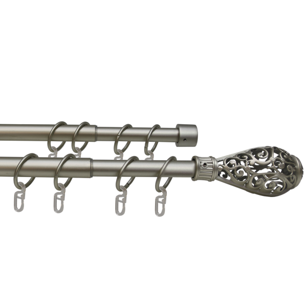 Карниз телескопический двухрядный, металл, Наконечник Кружево, Никель матовый, 160-320см