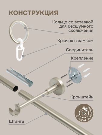 Карниз для штор, настенный, штанга 16 мм, Ладья, матовый никель