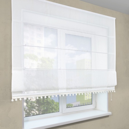 Римская штора с помпонами, Сабрина на верёвочном механизме, цвет экрю