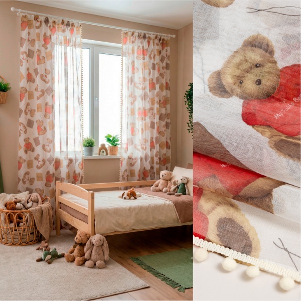 Комплект тюль под лён "Мишутка" с помпонами, 150х270 см, 2шт, цвет бежевый