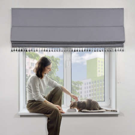 Римская штора с бахромой, Фортуна Blackout на ВМ, цвет серый