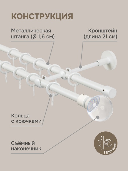 Карниз для штор двухрядный, настенный, штанги 16 мм, Шар в оправе, жемчуг