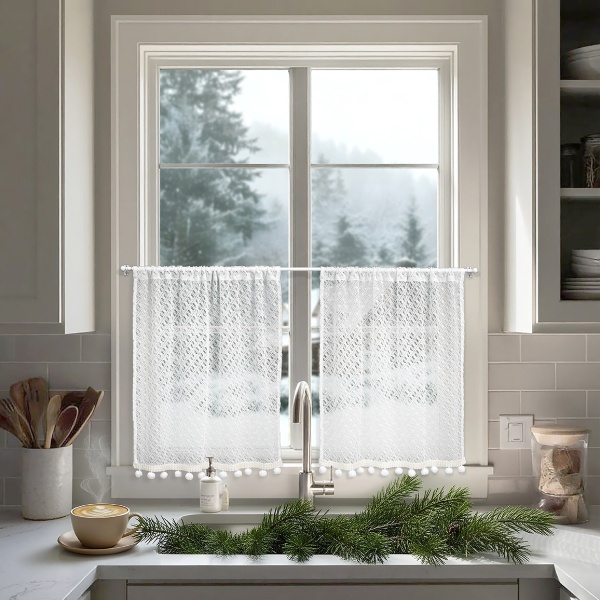 Комплект Шторы-Кафе с помпонами, размер 120х65 см, 2 шт, цвет белый