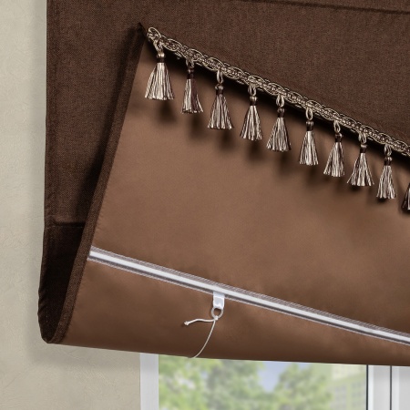 Римская штора с бахромой, Димаут, Бостон на верёвочном механизме, цвет коричневый