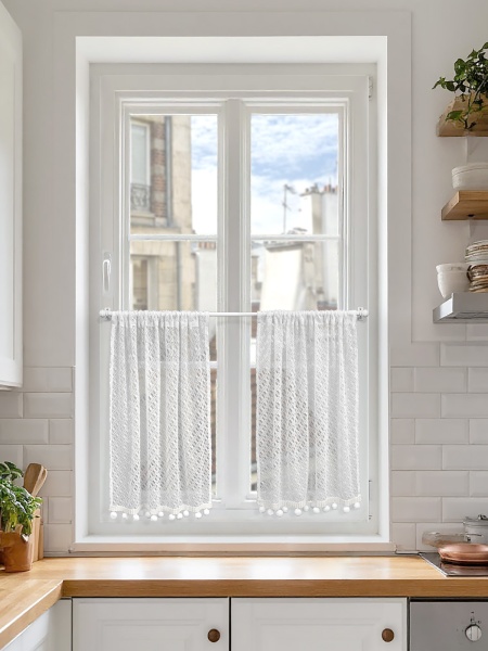 Комплект Шторы-Кафе с помпонами, размер 130х60 см, 2 шт, цвет белый