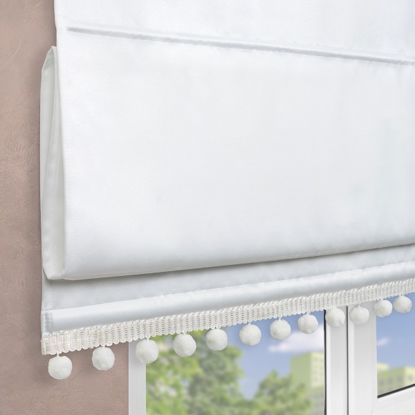 Римская штора с помпонами, Фортуна Blackout на ВМ, цвет белый