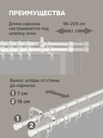 Карниз для штор двухрядный, от 96 до 205 см сборный, телескопический, диаметр 16/19 мм, белый