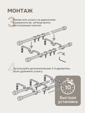 Карниз для штор двухрядный, от 96 до 205 см сборный, телескопический, диаметр 16/19 мм, черный