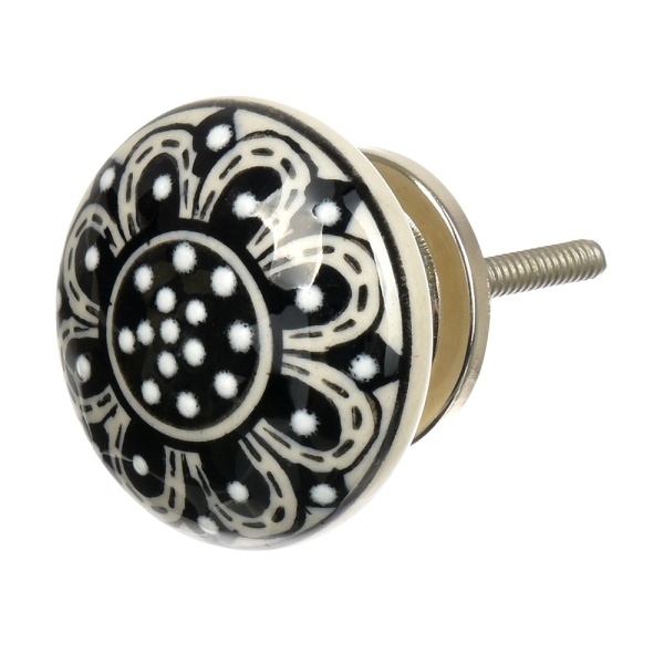 Ручки керамические для мебели Подсолнух чёрный ручная роспись цвет церно-белый (6 шт)