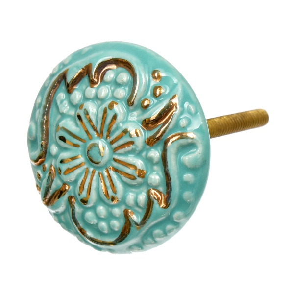 Ручки керамические для мебели Римская цвет бирюзовый рисунок золотой (6 шт)
