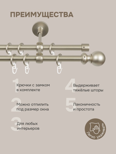 Карниз для штор двухрядный, настенный, штанги 16 мм, Сфера, матовый никель