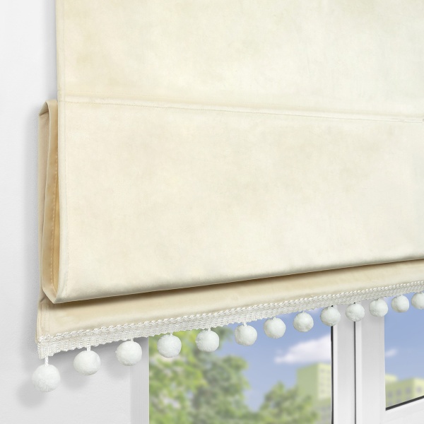 Римская штора с помпонами Марсель, на цепочном механизме, цвет ванильный 