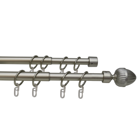 Карниз телескопический двухрядный, металл, Наконечник Орех, Никель матовый, 160-320см