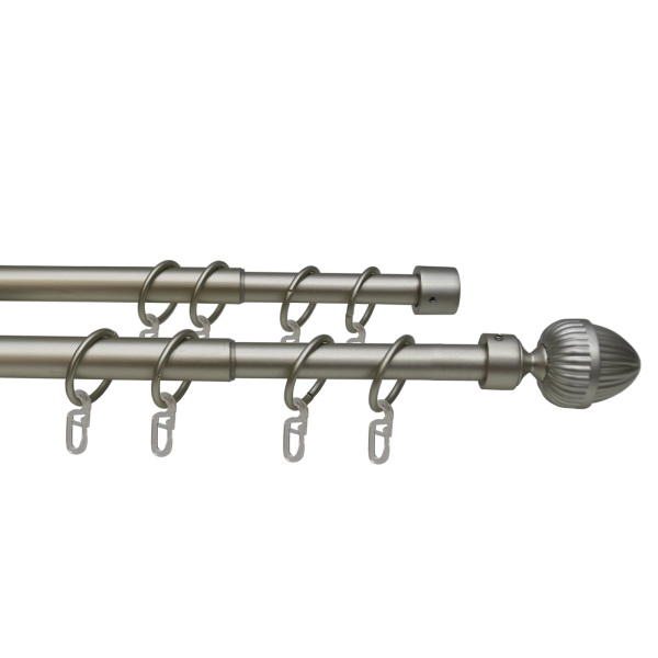 Карниз телескопический двухрядный, металл, Наконечник Орех, Никель матовый, 160-320см