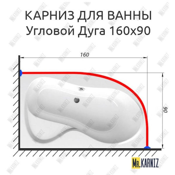 Карниз для ванной Угловой Асимметричный Дуга 160х90 Усиленный 25 мм