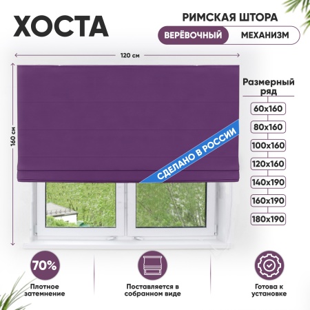 Римские шторы 120х160 см Хоста на веревочном механизме цвет фиолетовый