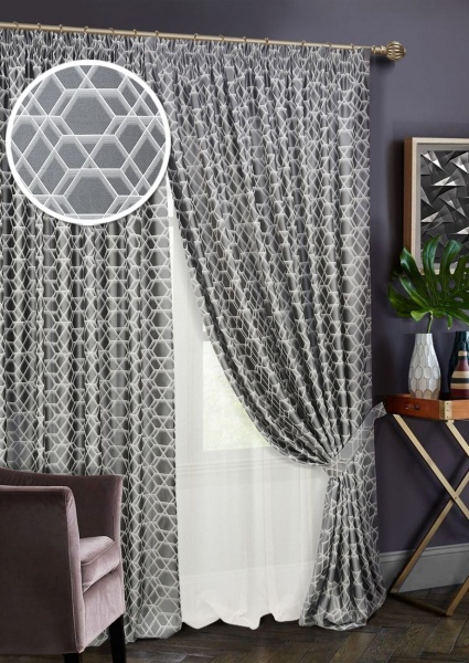 Комплект штор на тесьме "Almaz" 2 шторы 200х270, тюль 450х270 серый темный