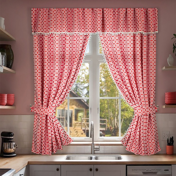 Комплект штор для кухни с ламбрекеном и подхватами "Люция", 136х175см 2 шт, красный