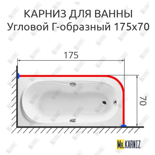 Карниз для ванной Угловой Г образный 175х70 Усиленный 25 мм